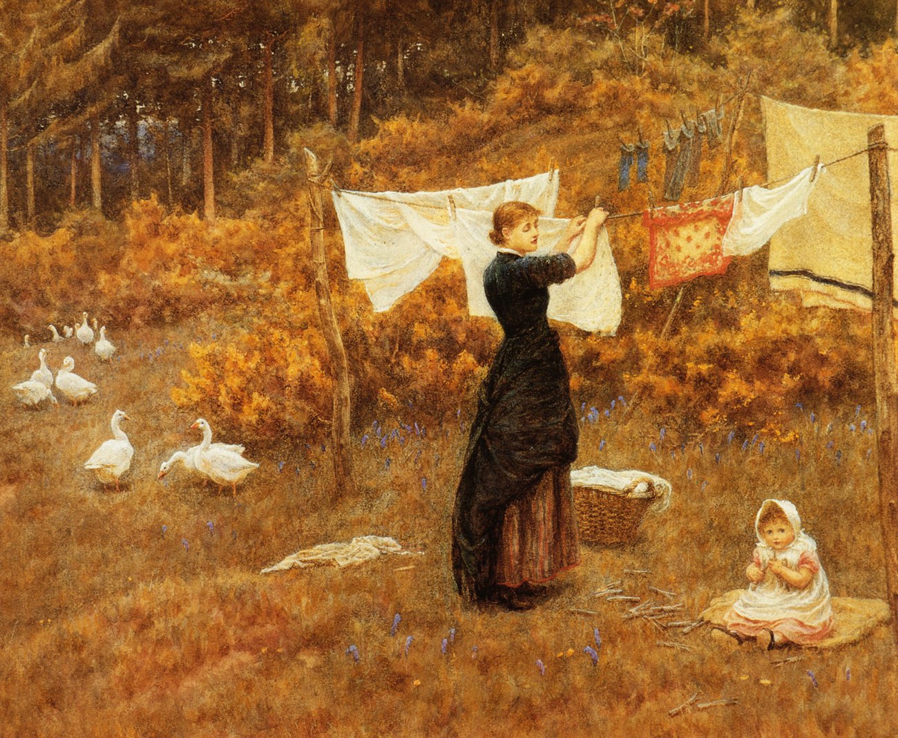 1300x1068 The Clothes Line Date Unknown Painting Helen Allingham Oil Paintings - Clothesline Painting