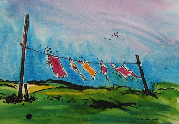 570x395 Clothesline Painting. Original Watercolor Clothesline. Colorful - Clothesline Painting