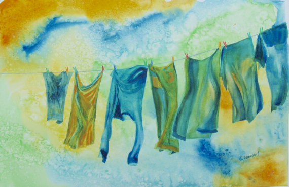 570x369 Clothesline Painting. Original Watercolor Clothesline. Denim - Clothesline Painting