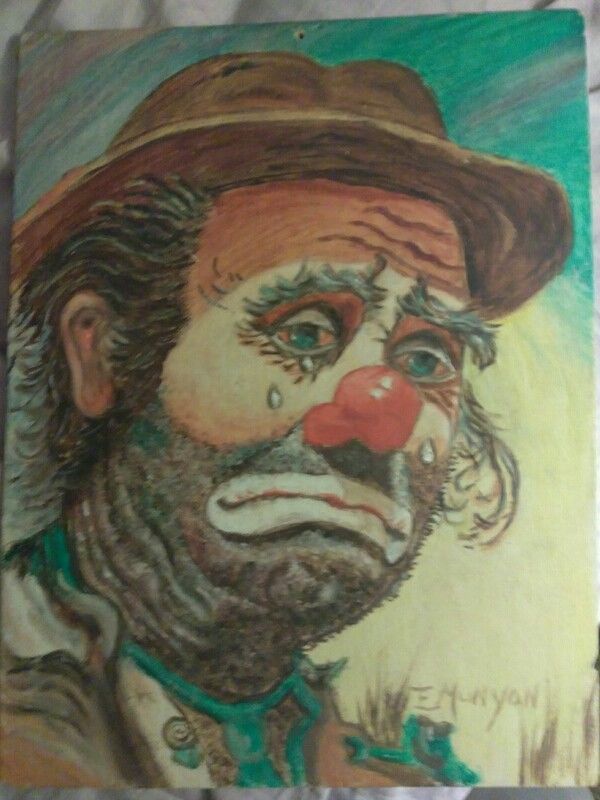 600x800 Rare Vintage Original Sad Clown Oil Painting Signed On Board - Clown Oil Painting Canvas