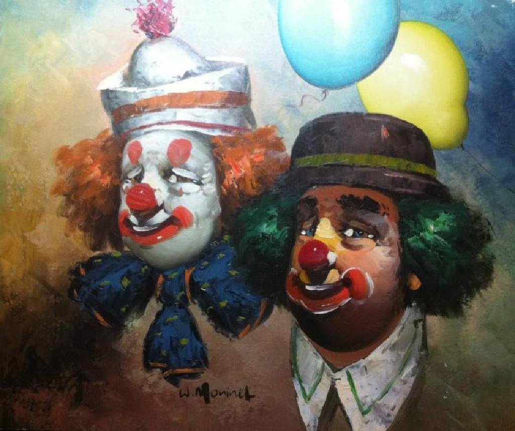 1024x857 Two Clowns, Oil On Canvas By W. Moninet - Clown Oil Painting Canvas