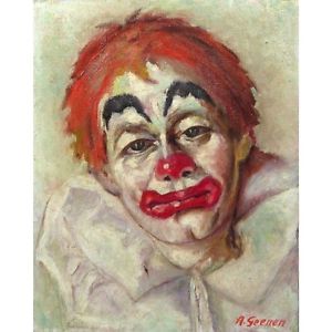300x300 Vintage French Belgian Oil Painting On Canvas, Signed - Clown Oil Painting Canvas