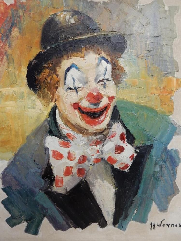 750x1000 Really Old Painting Oil Circus Clown Signed Werner Clown Art - Clown Painting
