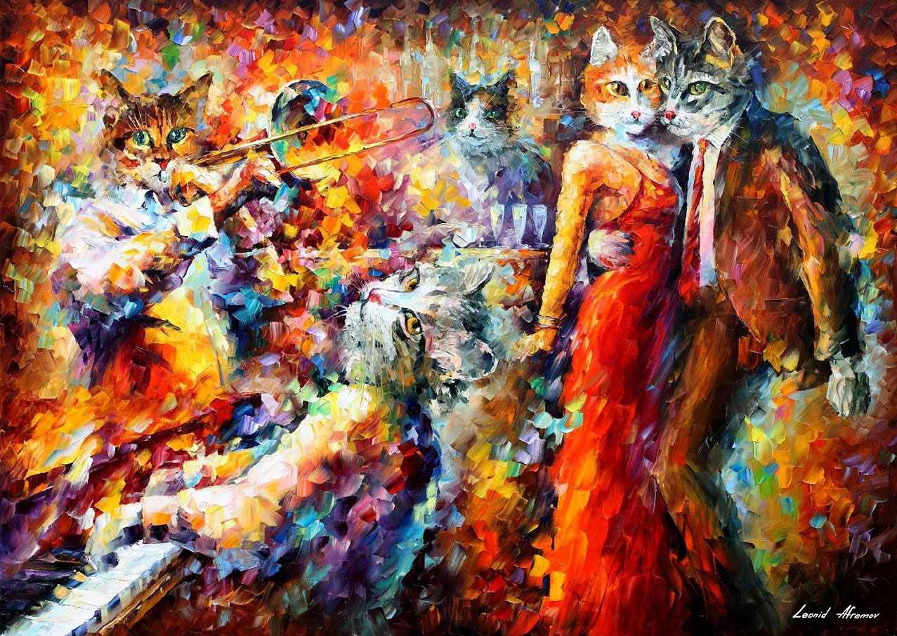 1277x906 Cat Club Palette Knife Oil Painting On Canvas By Leonid Afremov - Club Painting