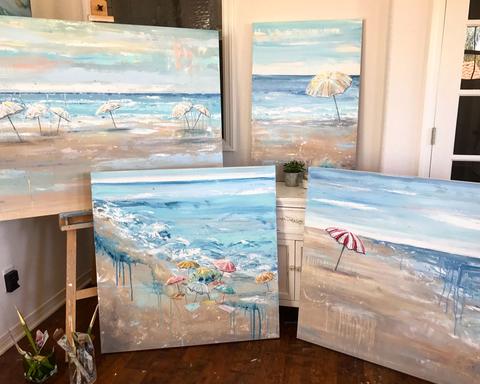 480x384 Original Art Abstract Painting Seascape Red Beach Umbrella Wall - Coastal Painting