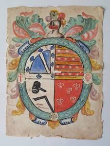 226x300 Antique 18c Spanish Colonial Coat Of Arms Paint Ink On Paper - Coat Of Arms Painting