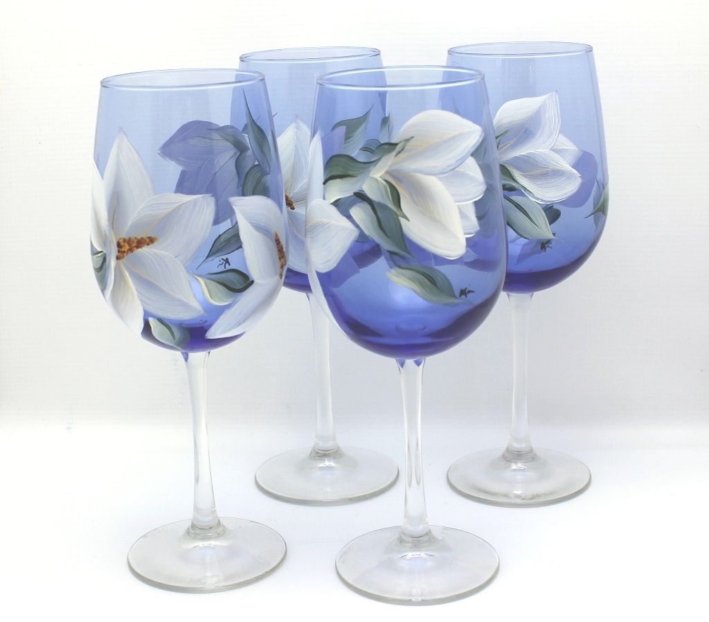 1024x898 Hand Painted Cobalt Blue Magnolia Flower Wine Glass Set Makin - Cobalt Blue Painting