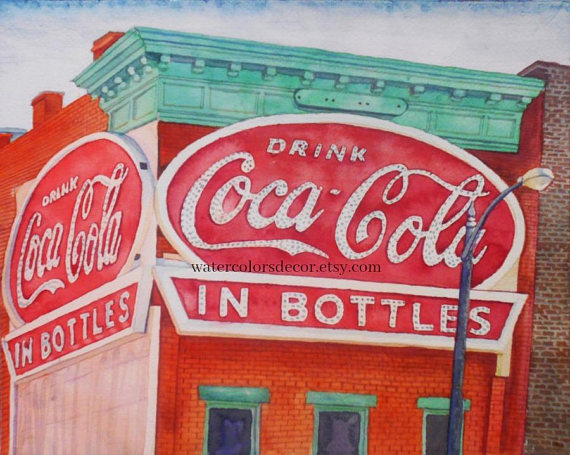 570x455 Coca Cola Building Watercolor Print. Coca Cola Painting. Coca - Coca Cola Painting