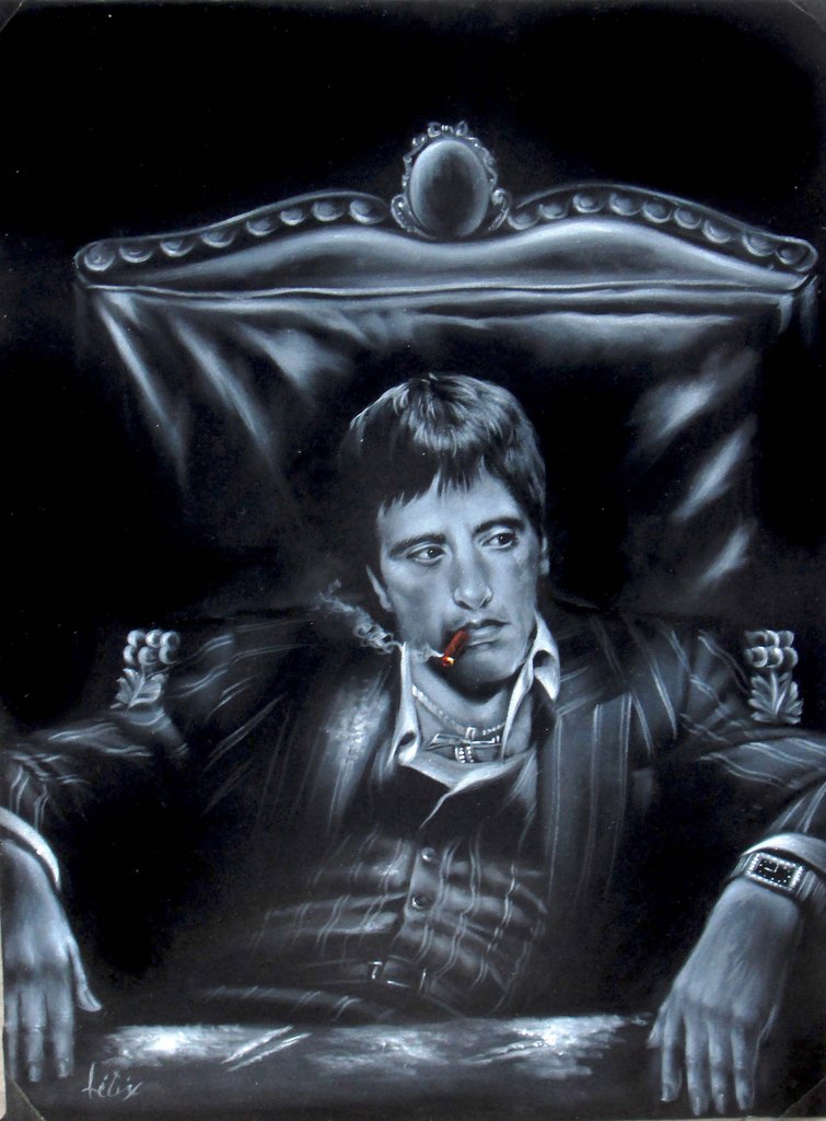 755x1024 Tony Montana Portrait, In Chair With Cocaine, Original Oil - Cocaine Painting