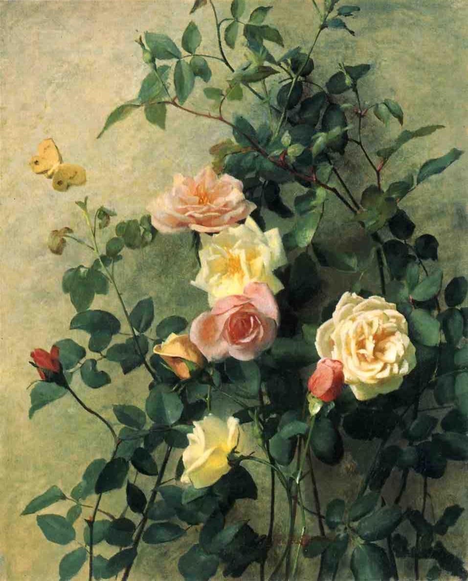957x1189 Roses On A Wall Painting George Cochran Lambdin Oil Paintings - Cochran Painting
