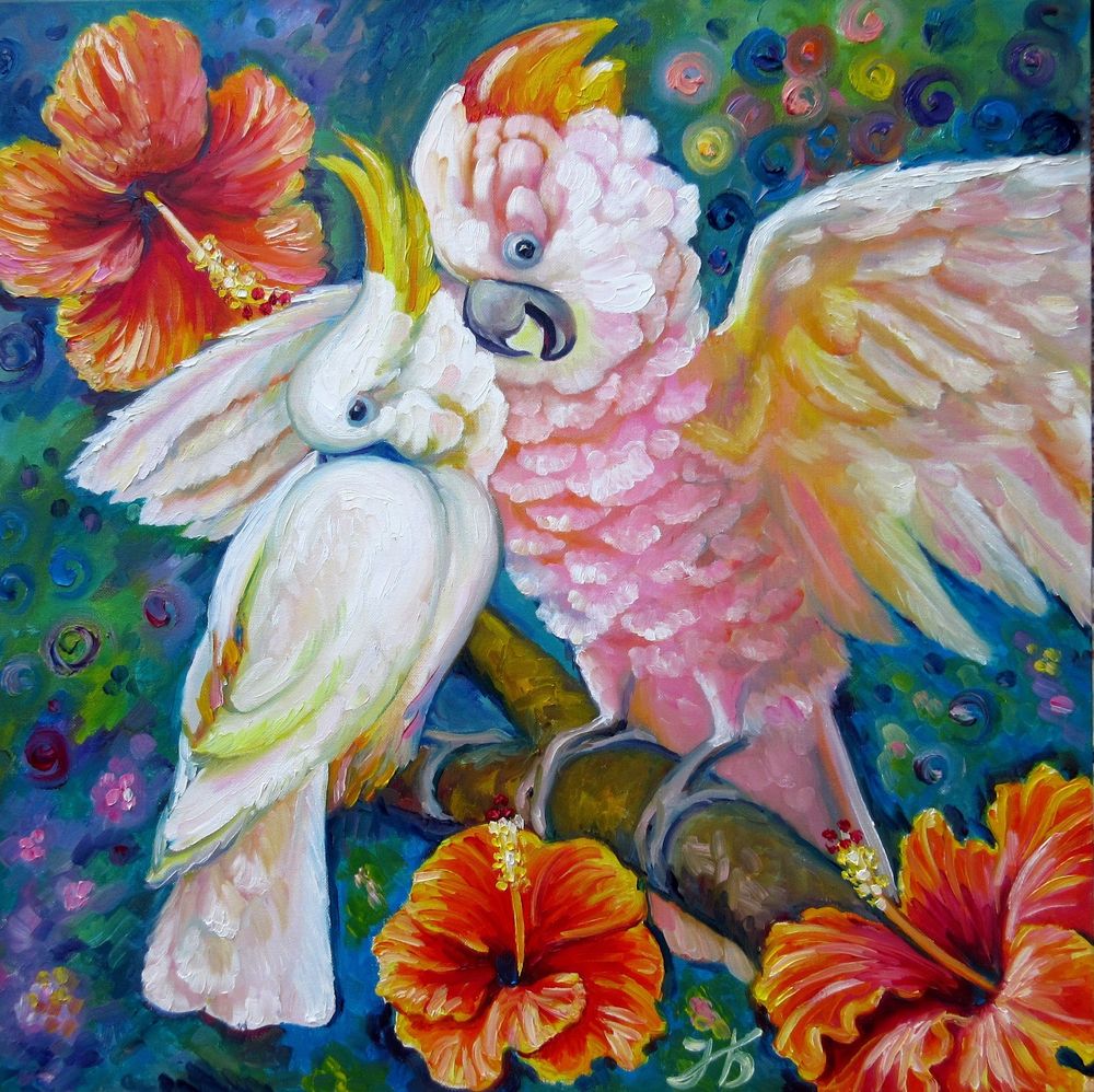 1000x998 Fell In Love Cockatoo Parrots Original Oil Painting By Nadia - Cockatoo Painting
