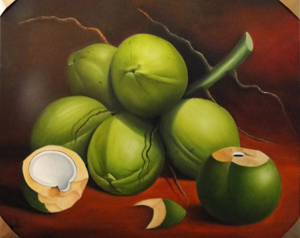 1000x795 Original Modern Oil Painting Of Green Coconut Fruit Still Life By - Coconut Painting