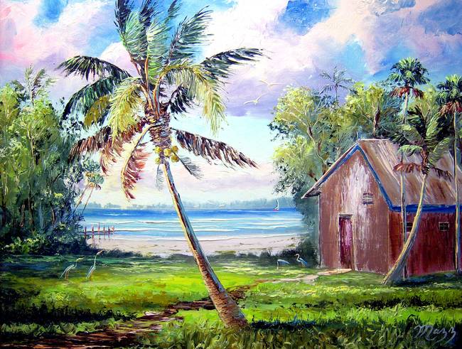 650x491 Coconut Tree By The Shack By Mazz Original Paintings - Coconut Tree Painting