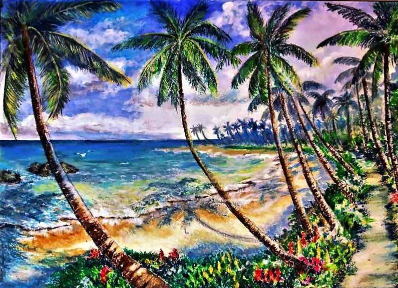 797x577 Buy Sea Beach With Coconut Trees Handmade Painting By Prasun Roy - Coconut Tree Painting