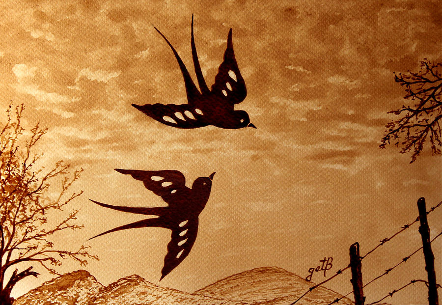900x621 Playful Swallows Original Coffee Painting Painting By Georgeta Blanaru - Coffee Art Painting