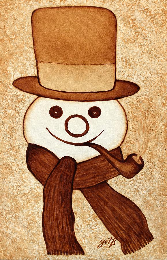 579x900 Snowman With Pipe And Topper Original Coffee Painting Painting By - Coffee Art Painting
