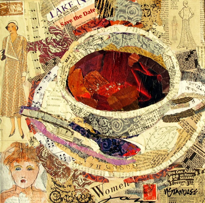 700x695 Nancy Standlee Fine Art Coffee Cup Collage Paper Painting, 12066 - Coffee Cup Art Painting