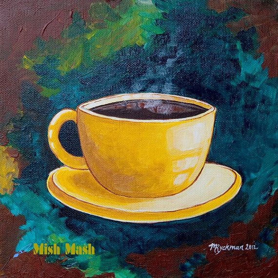 570x571 Coffee Art, Coffee Cup Painting, Art Print, Yellow, Blue And Brown - Coffee Cup Art Painting