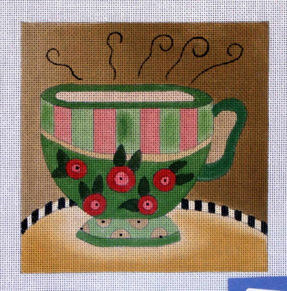 1009x1024 Coffee Cup With Flowers Hand Painted Needlepoint Canvas 18 Ct - Coffee Cup Painting On Canvas