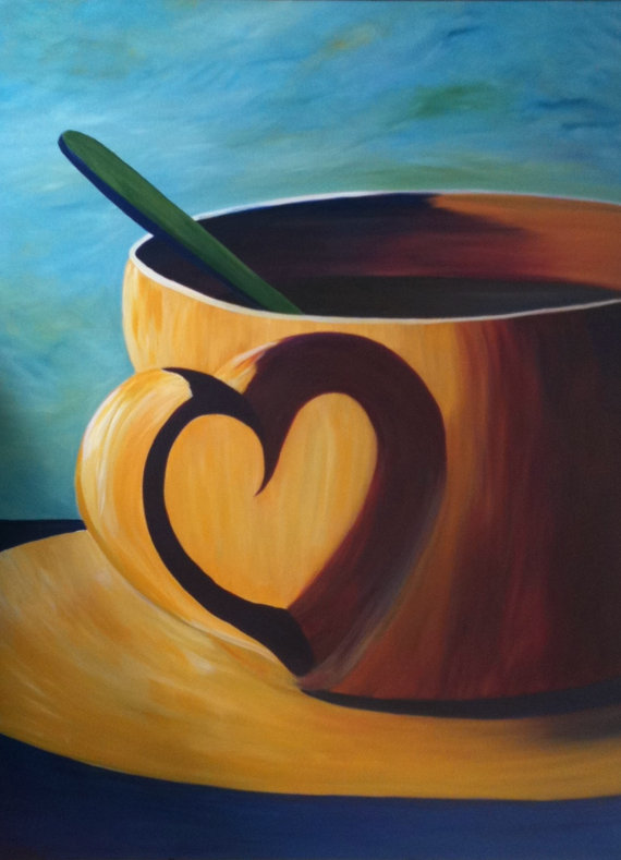 570x789 Coffee Cup Heart Reflection Original Acrylic Spoon Canvas 36 - Coffee Cup Painting On Canvas