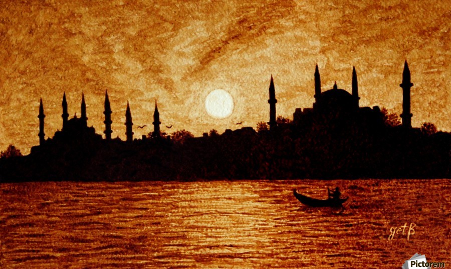 900x538 Sunset Over Istanbul Original Coffee Painting - Coffee Painting