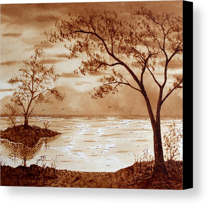 678x668 Morning Mountain Lake Original Coffee Painting Canvas Print - Coffee Painting On Canvas