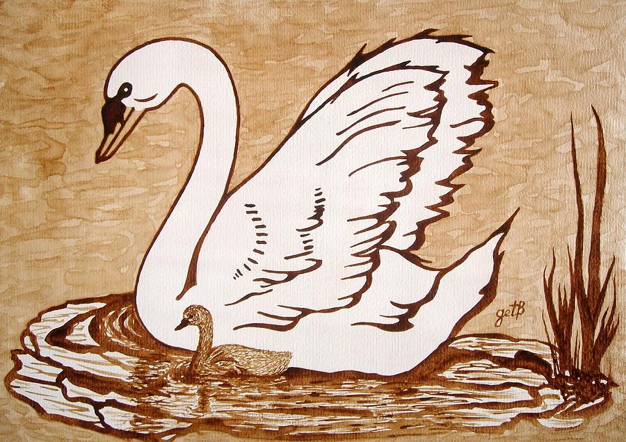 900x636 Swan With Chick Original Coffee Painting Painting By Georgeta Blanaru - Coffee Painting On Canvas
