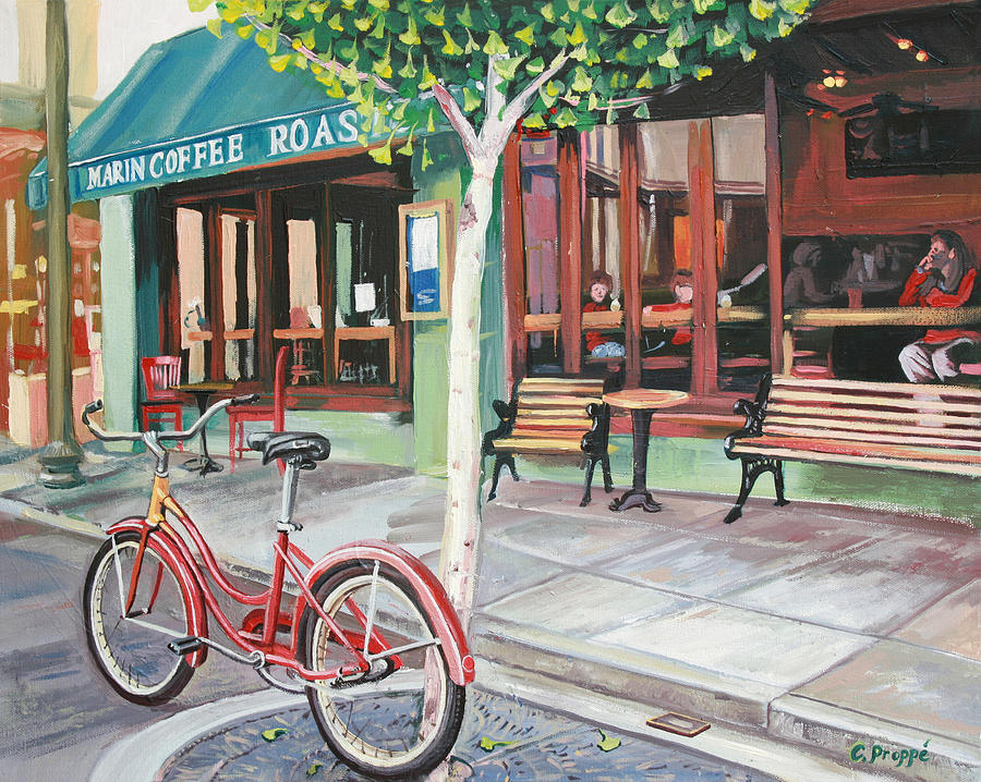 900x718 Bike At The Coffee Shop Painting By Colleen Proppe - Coffee Shop Painting