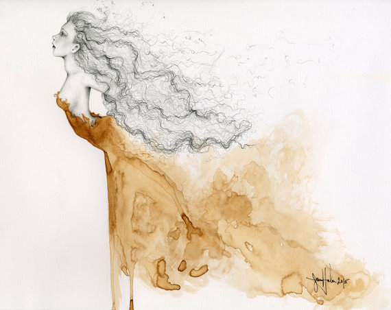 570x452 Original Painting Mixed Media Hand Painting With Coffee Staining - Coffee Stain Painting