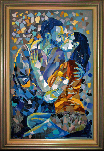 408x590 Fireworks Of Love', Collage Painting Of A Kissing Couple - Collage Painting