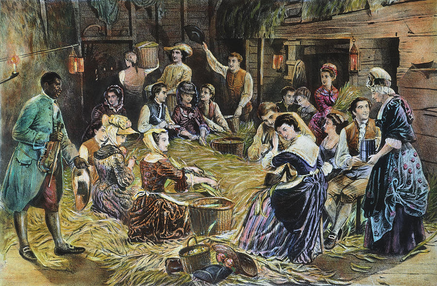 900x589 Husking Bee In 18th Century Colonial Painting By Granger - Colonial Painting