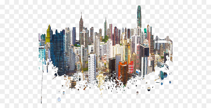 900x460 Hong Kong Skyline Watercolor Painting Poster Contemporary Art - Color City Painting