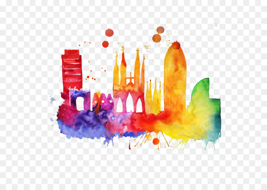 900x640 Barcelona Skyline Poster Painting - Color City Painting