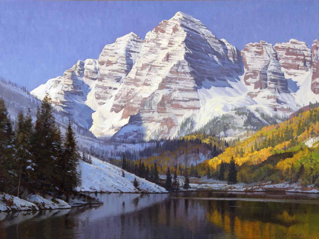 1280x960 September Snow, Maroon Bells - Colorado Mountain Painting