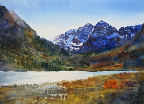570x414 Watercolor Landscape, Maroon Bells No. 1, Rocky Mountains - Colorado Mountain Painting