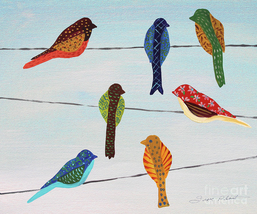 900x750 Lovely Colorful Birds On Wires 1 Painting By Jean Plout - Colorful Bird Painting