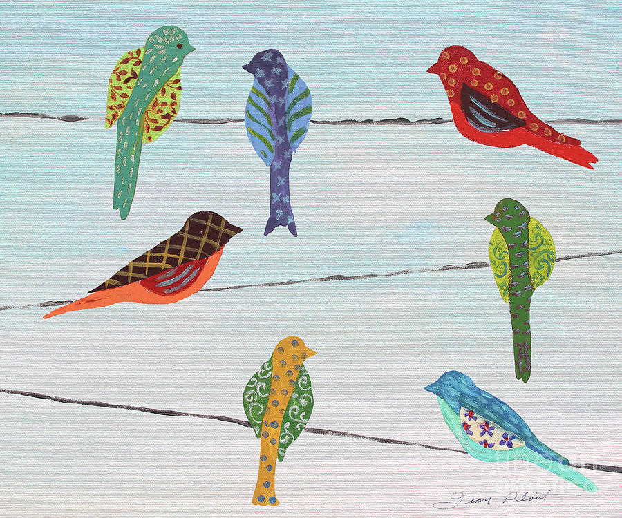 900x750 Lovely Colorful Birds On Wires 2 Painting By Jean Plout - Colorful Bird Painting