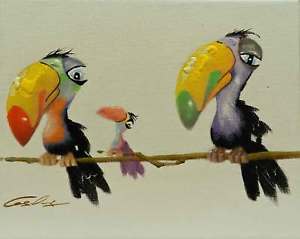 300x239 8x10 Colorful Birds Bright Original Stretched Canvas Oil Painting - Colorful Bird Painting