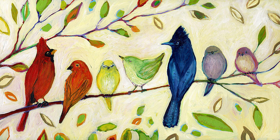 900x450 A Flock Of Many Colors Painting By Jennifer Lommers - Colorful Bird Painting