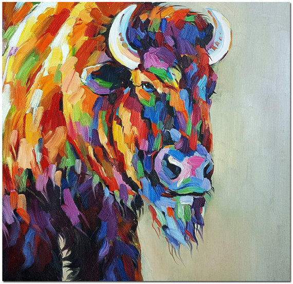 570x553 Hand Painted Impressionist American Bison Painting On Canvas - Colorful Buffalo Painting