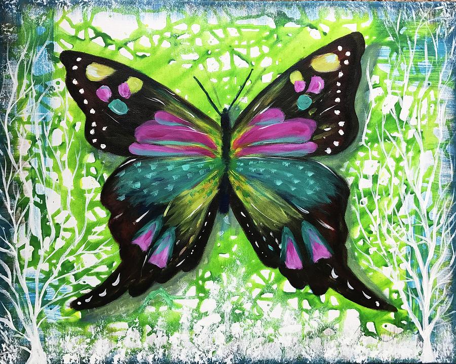 900x720 Colorful Butterfly On Light Colored Background White Trees Modern - Colorful Butterfly Painting