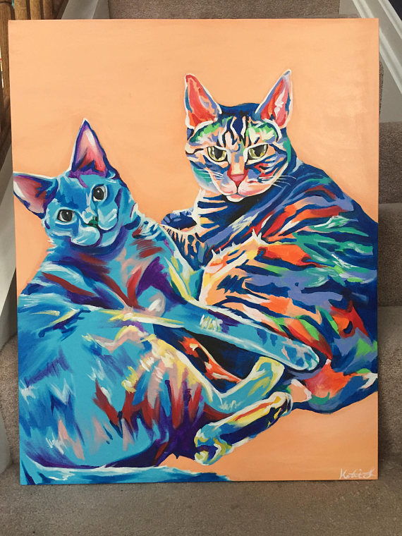 570x760 Colorful Cat Painting 2 Cats - Colorful Cat Painting
