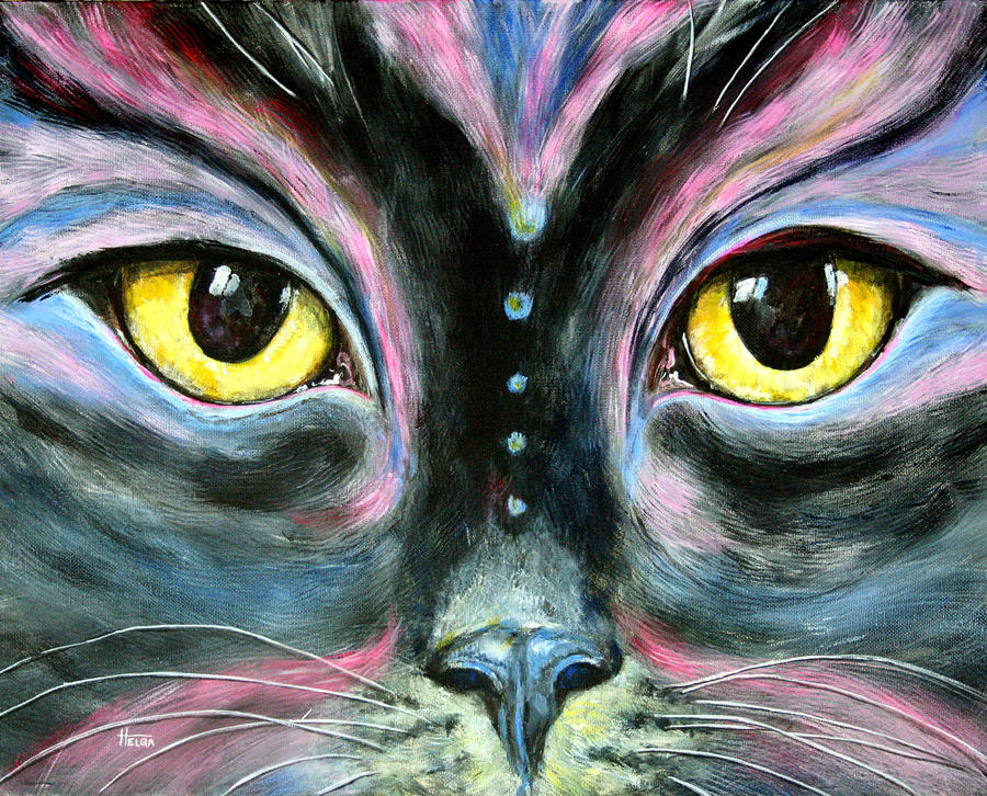 900x726 Painted Cat Painting By Helga Gravitt - Colorful Cat Painting
