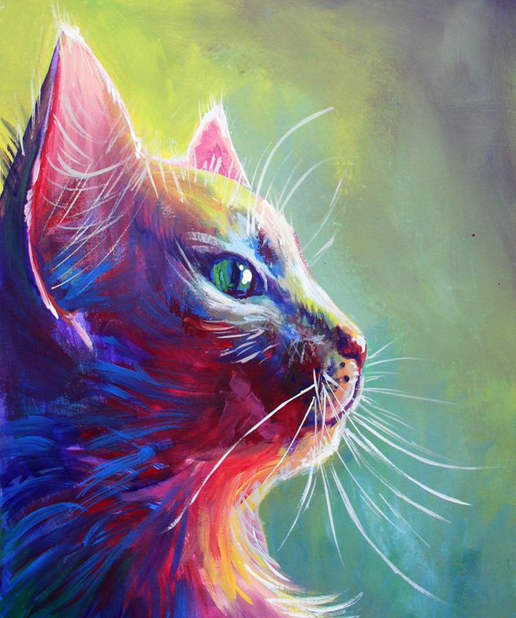 750x897 Bright Colors Hand Painted High Quality Abstract Animals Oil Font - Colorful Cat Painting