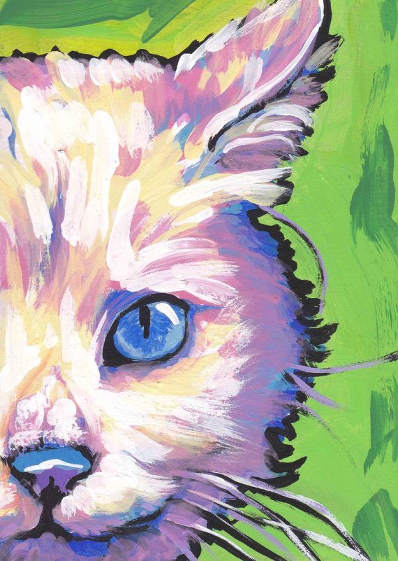 570x802 White Cat Kitten Art Print Pop Art Bright Colorful Cat Portrait - Colorful Cat Painting