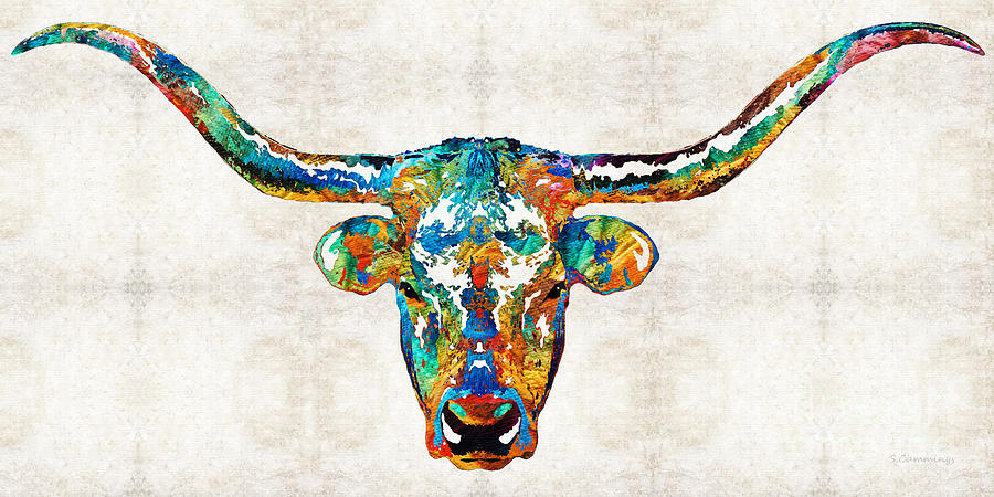 900x450 Colorful Longhorn Art By Sharon Cummings Painting By Sharon Cummings - Colorful Cow Painting