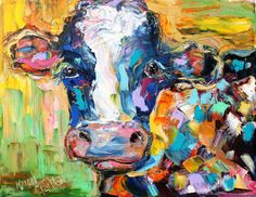 236x182 Cow Art On Canvas Original Colorful Cow Palette Knife Painting - Colorful Cow Painting