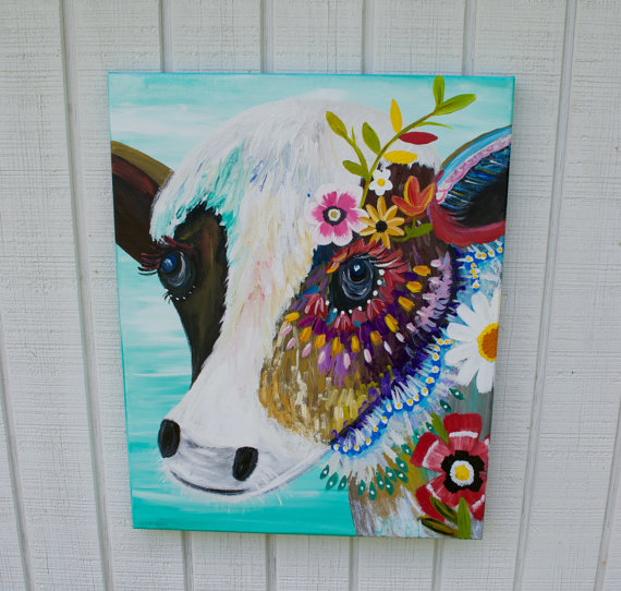 570x542 Cow Painting On Wood Or Canvas Colorful Cow Acrylic - Colorful Cow Painting