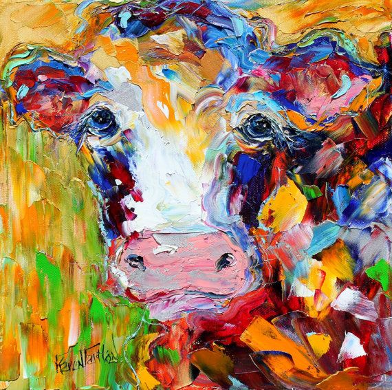 570x567 Original Colorful Cow Palette Knife Painting Oil Impasto On Canvas - Colorful Cow Painting