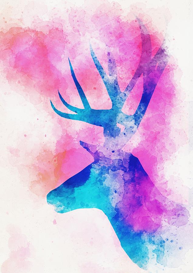 635x900 Colorful Watercolor Deer. Painting By Monika Sakowska - Colorful Deer Painting